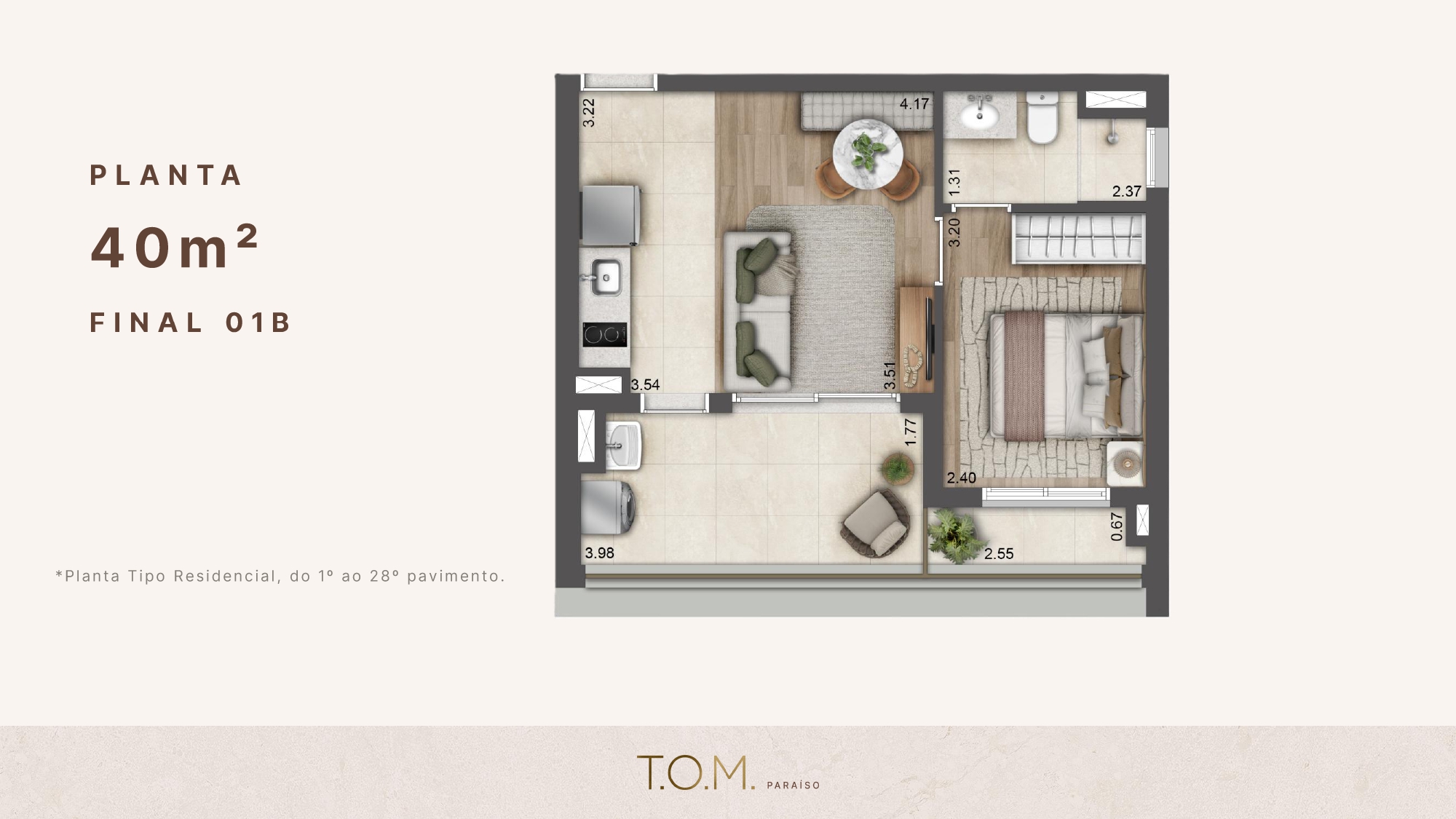 Planta 1 dormitório | 40 m² do TOM Paraíso